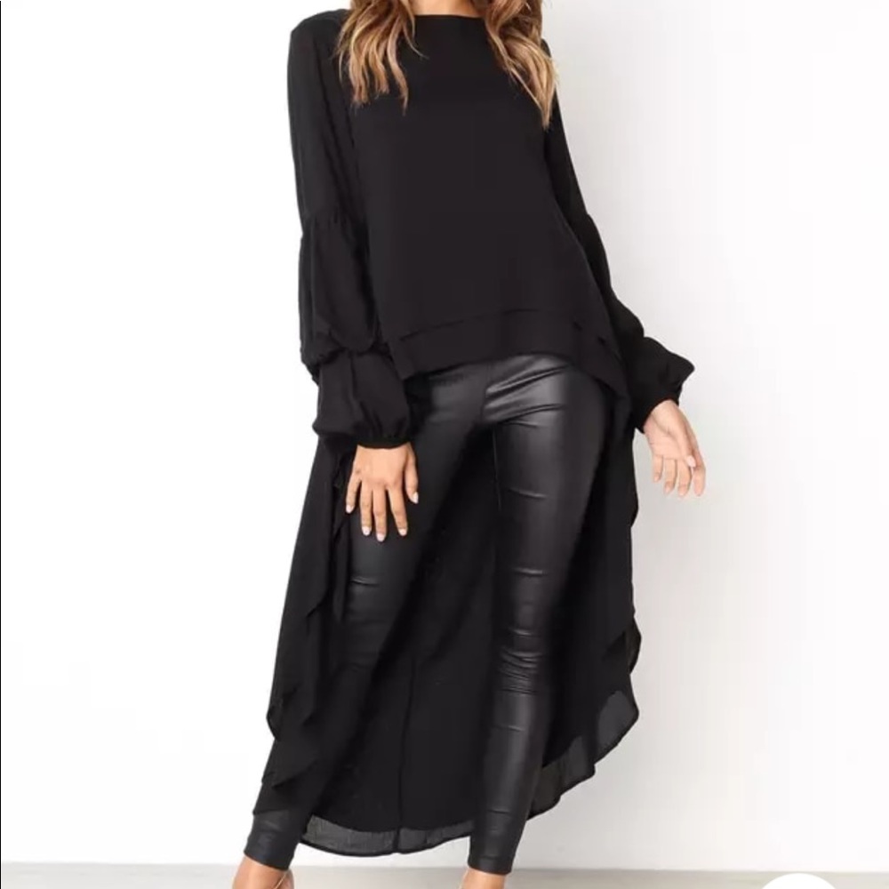 RESTOCKED! Black Caped Ruffle High Low Blouse - Picture 2 of 6